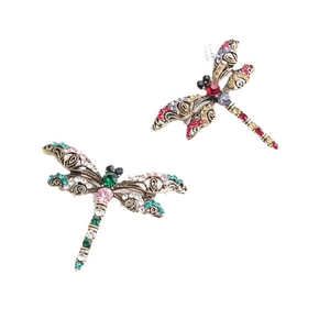 Dragonfly brooch pins with colorful rhinestones and vintage gold filigree design