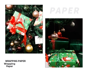 Detail of green Christmas wrapping paper with Santa patterns and festive gift box ribbons