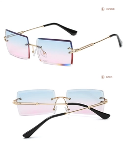 Detail view of rimless square sunglasses with blue-pink gradient lenses and metal frame