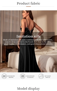 Dettaglio dell'elegante camicia da notte in raso nero con pizzo posteriore e trama lucida