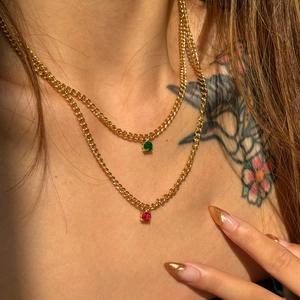 18k gold plated stainless steel layered Cuban chain necklace with red and green stones