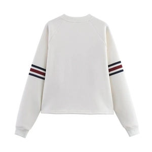 White crewneck sweatshirt with red and blue sleeve stripes, flat back view layout