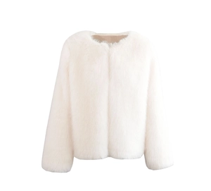 Detail of white faux fur jacket showing soft texture and minimalist round neck design