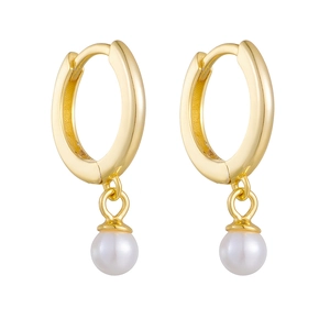 Elegant S925 sterling silver gold hoop earrings with hanging white round pearls