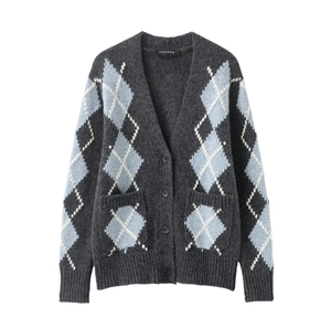 Argyle Knit Cardigan Women Retro Academy Style V Neck Button Down Long Sleeve Sweater With Pockets Polyester Spandex