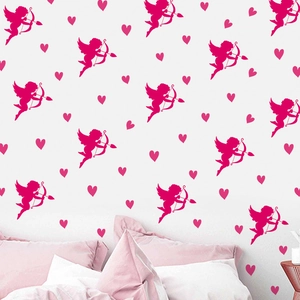 Cupid and heart PVC wall stickers for bedroom decoration in magenta pink color