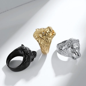Gothic lion head rings for men in gold, silver, and black finish with crystal eyes