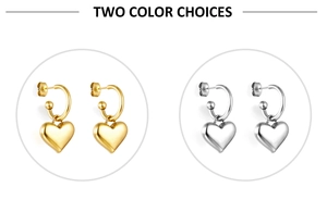 Detail view of heart-shaped drop earrings available in polished gold and silver finishes
