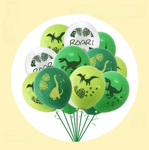 Detailed view of dinosaur balloons with silhouettes and Roar text for jungle party decor