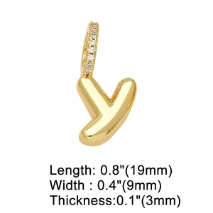 Detailed view of golden letter Y pendant with dimensions and sparkling cubic zirconia