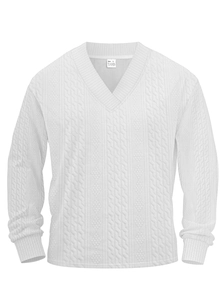 Close-up of V-neck tag showing 30% cotton material and cable knit texture details