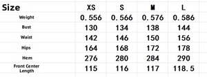 Detailed sizing chart showing measurements for the vacation style smocked maxi dress
