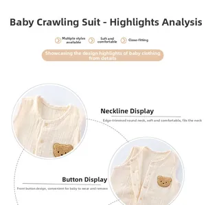 Detail view of cotton gauze baby romper featuring plush bear patch and button closure