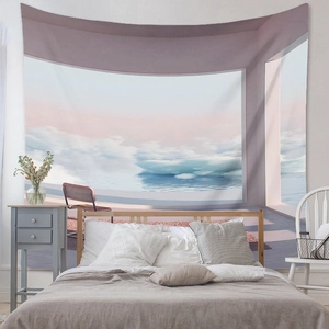 Detail of surreal landscape tapestry with soft pastel clouds and modern home decor
