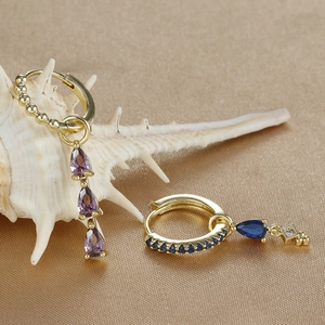 Elegant gold-plated hoop earrings featuring water-drop purple and blue zircon pendants