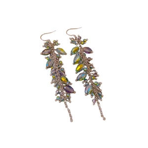 Bohemian oval crystal tassel hook earrings with green and purple iridescent beads