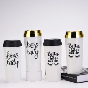 Double Layer Plastic Coffee Cup With Metallic Lid Portable Insulated Travel Tumbler Letter Print For Lady