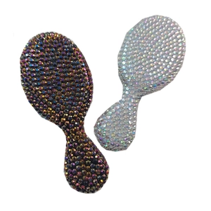 Mini rhinestone paddle brush and makeup mirror set with colorful sparkling crystals