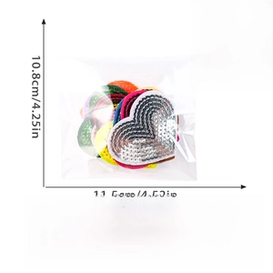 Detail showing 14pcs colorful heart sequin patches with precise size and thickness markers
