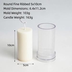 Detailed size specifications for striped cylindrical candle and plastic mold 5x10cm