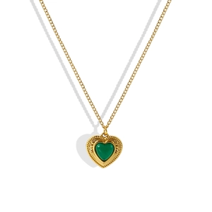 Vintage heart necklace with green gemstone pendant on gold stainless steel chain