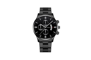 Macro view of a black metal men's business watch featuring triple sub-dials and date window