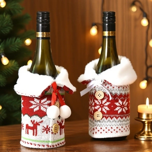 Christmas Wine Bottle Cover Knitted Sweater With Faux Fur Collar Snowflake Reindeer Xmas Dinner Party Table Decor