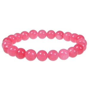 Close-up of natural pink crystal beaded bracelet with polished translucent round gemstones