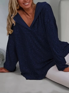 Marineblauer Pailletten Hoodie für Damen mit Waffelstruktur und tiefem V-Ausschnitt