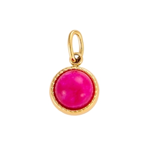 Close-up of a round rose red gemstone pendant set in a textured golden metal base