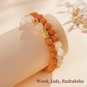 Dual-layer Bodhi bead bracelet with yellow crystal and golden charm in retro style