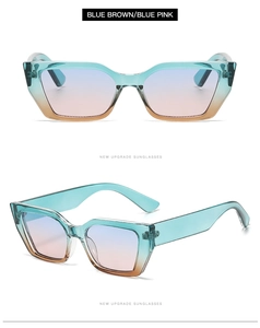 Nahaufnahme der blau-braunen und rosa Verlaufsgläser der modernen Sonnenbrille
