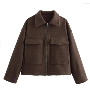 Veste rétro en laine marron avec col à revers, fermeture éclair et grandes poches