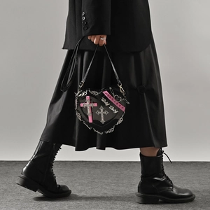 Gothic Heart Shaped Shoulder Bag PU Leather Cross Rivet Chain Y2K Punk Crossbody Purse For Women