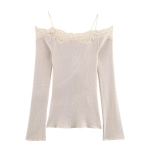 Off-shoulder long sleeve knit top in apricot with delicate lace trim and rib texture