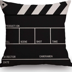 Linen square pillowcase featuring black and white movie clapperboard design pattern