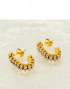 Detailed close-up of gold U-shaped earrings featuring two rows of micro-paved zircons