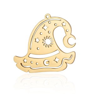 Polished gold witch hat pendant with hollow crescent moon and star cutout details
