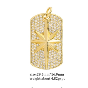Gold military dog tag pendant with zircon octagonal star pattern on white background