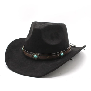Classic black Western cowboy hat with brown leather turquoise studded band on white background