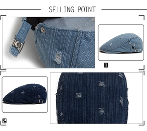Detail of distressed denim ivy cap showing frayed edges and adjustable metal buckle