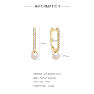 Detail view of S925 silver pearl earrings showing dimensions and certification marks