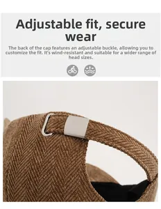 Detail of adjustable metal buckle and corduroy strap on a winter baseball cap