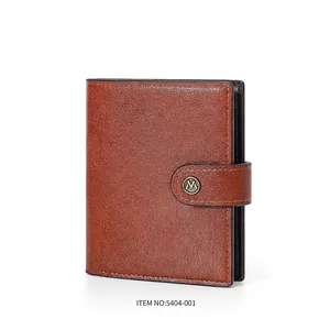 Brown lychee leather RFID men's wallet with metal M snap button and multi-card capacity