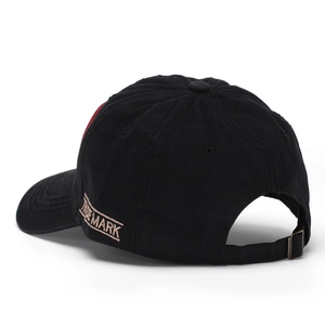 Black New York baseball cap with side embroidery and adjustable metal buckle back view