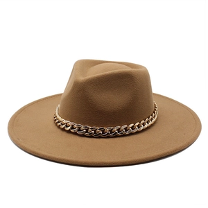Detail view of camel wool fedora hat featuring a chunky gold metal chain embellishment