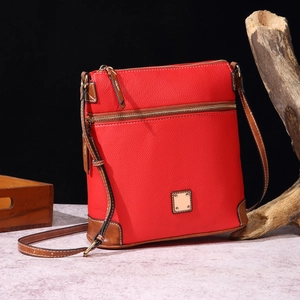 Vintage red litchi texture crossbody bag with brown leather trim and gold metal logo