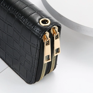 Chic black crocodile embossed PU leather handbag with dual gold zippers for women