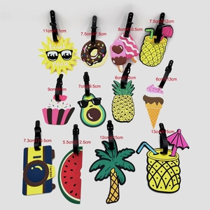 Set of 12 colorful PVC luggage tags featuring summer fruits and cartoon travel icons