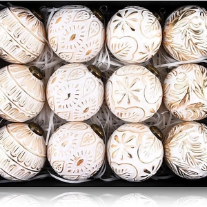 Set of 12 vintage white and gold 8cm Christmas balls with embossed floral patterns